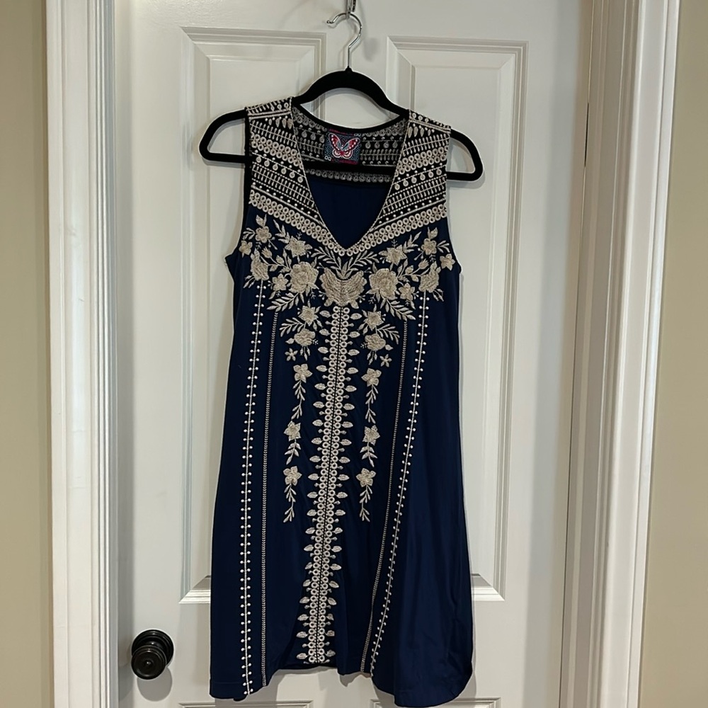 johnny was blue and tan/cream embroidered tank dress